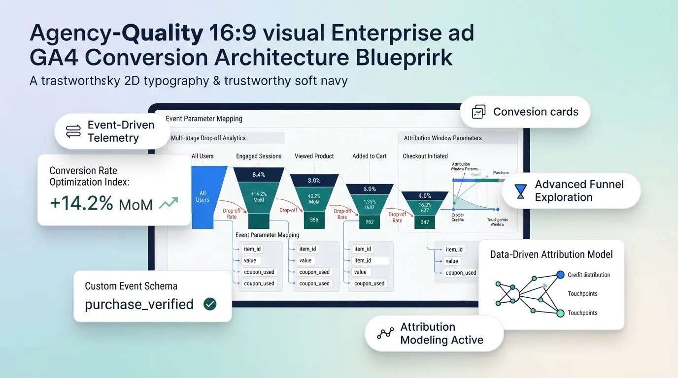Agency quality GA4 conversion blueprint showing priority business actions for service businesses, ecommerce stores, and SaaS platforms