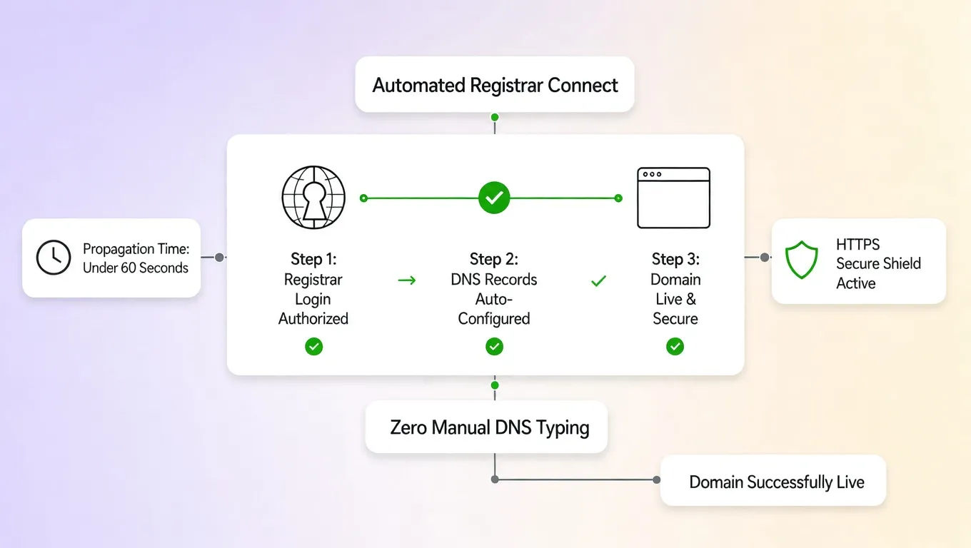 Domain extension launch sequence showing availability check, registration, and DNS connection to a website builder