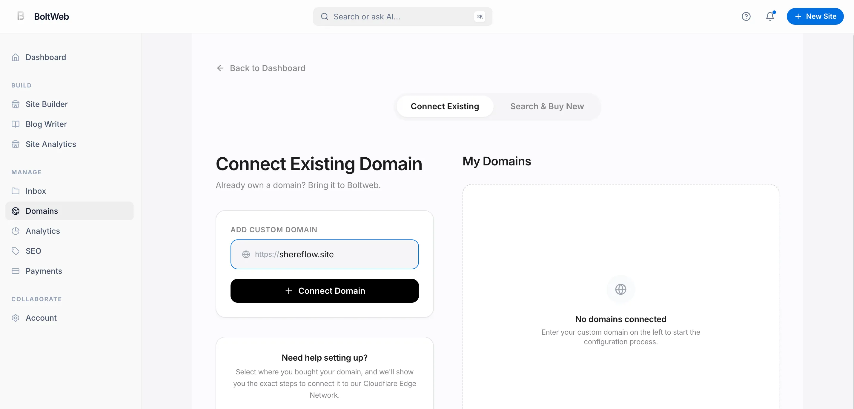 Prerequisite checklist verifying published site draft and active platform account before connecting a custom domain