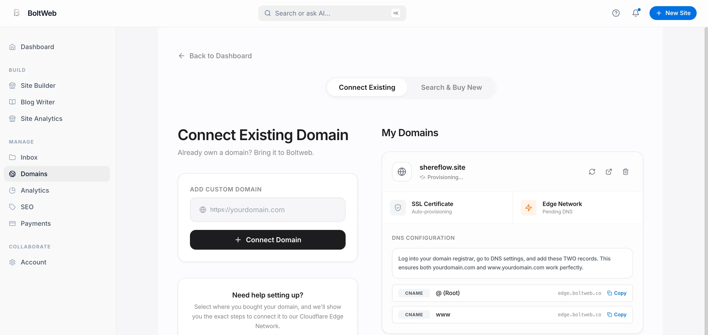 BoltWeb dashboard domain settings tab generating two-line custom domain setup values for DNS configuration