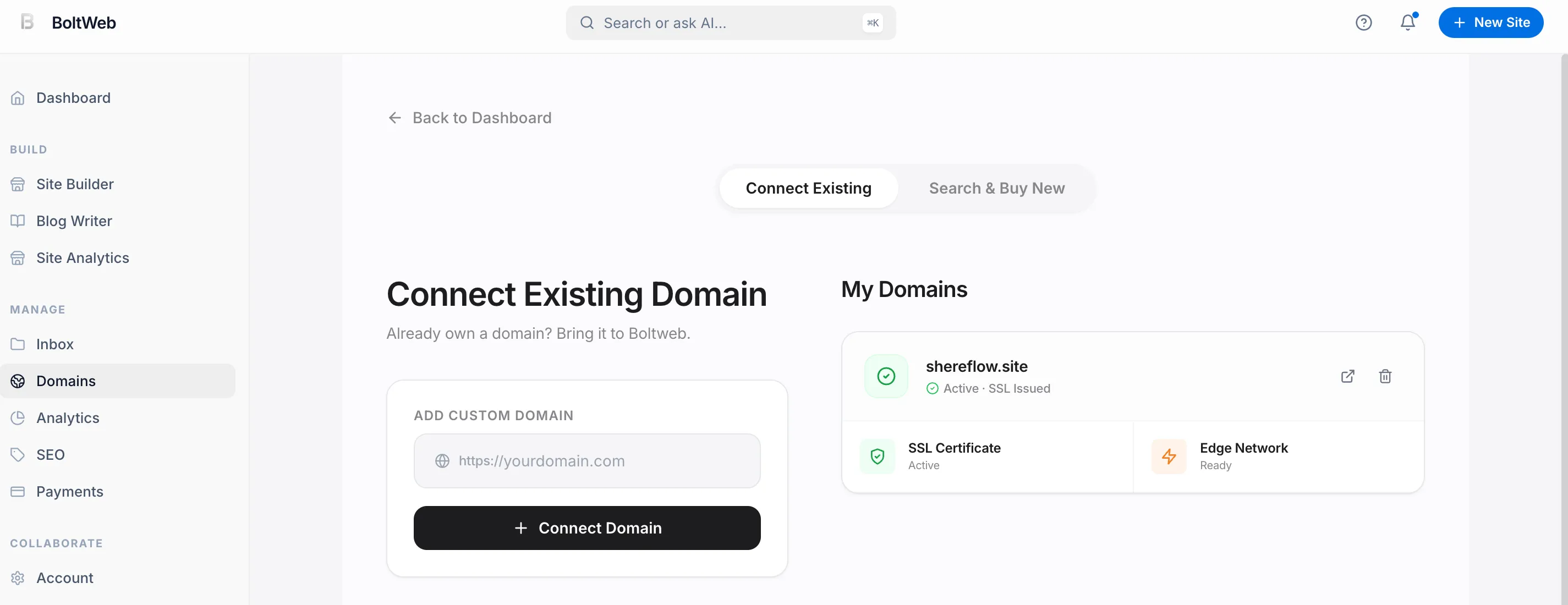 SSL certificate activation showing automated HTTPS redirection securing a custom domain connection