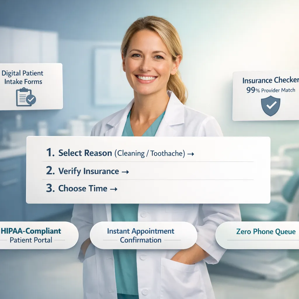 Dental visit workflow showing simple online setup, warm greeting, and gentle examination
