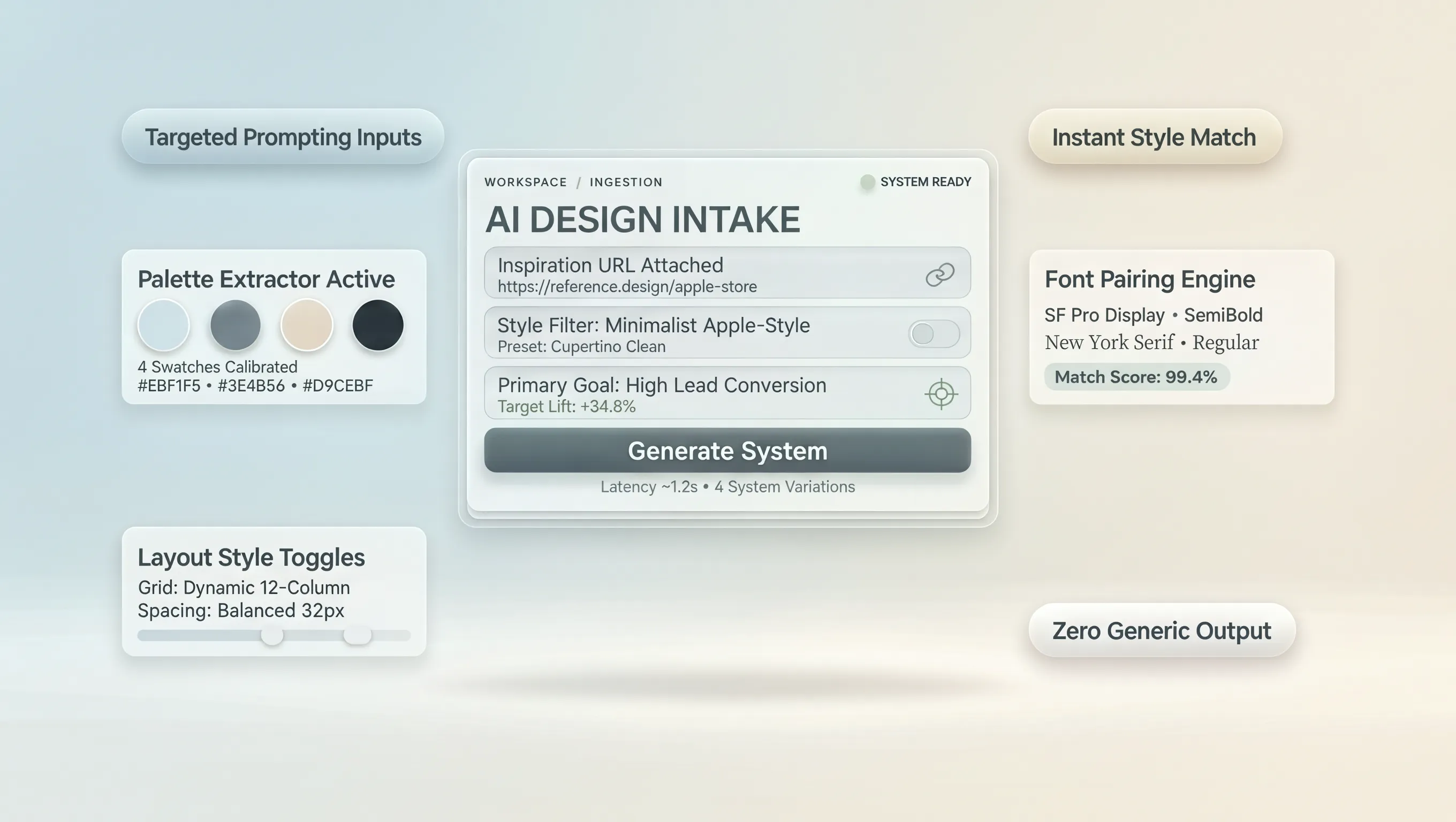 Design intake reference system guiding AI visual generation with concrete brand assets