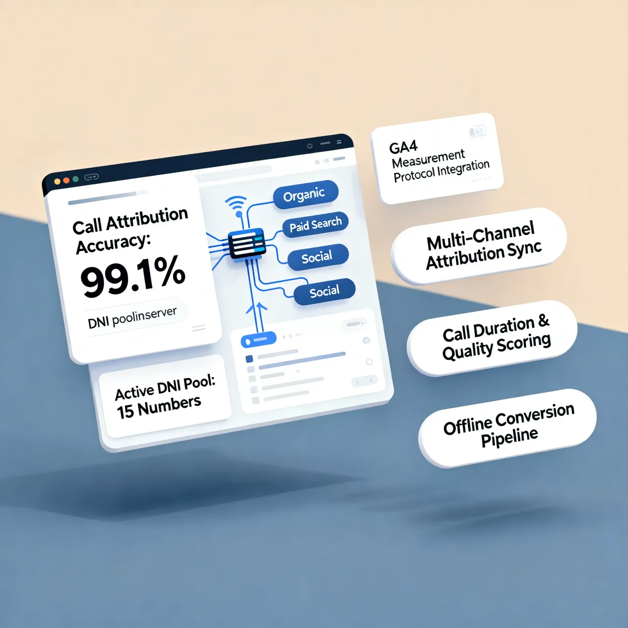 DNI pool server call attribution accuracy dashboard showing phone conversion source mapping across paid and organic channels