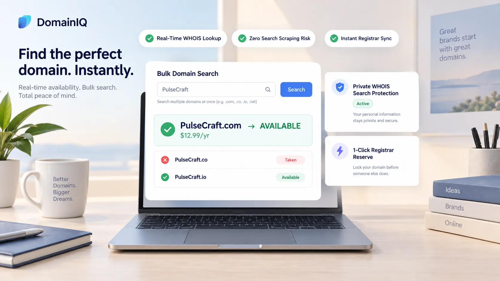 Live domain availability checker tool searching exact brand name across multiple TLD extensions with real-time pricing