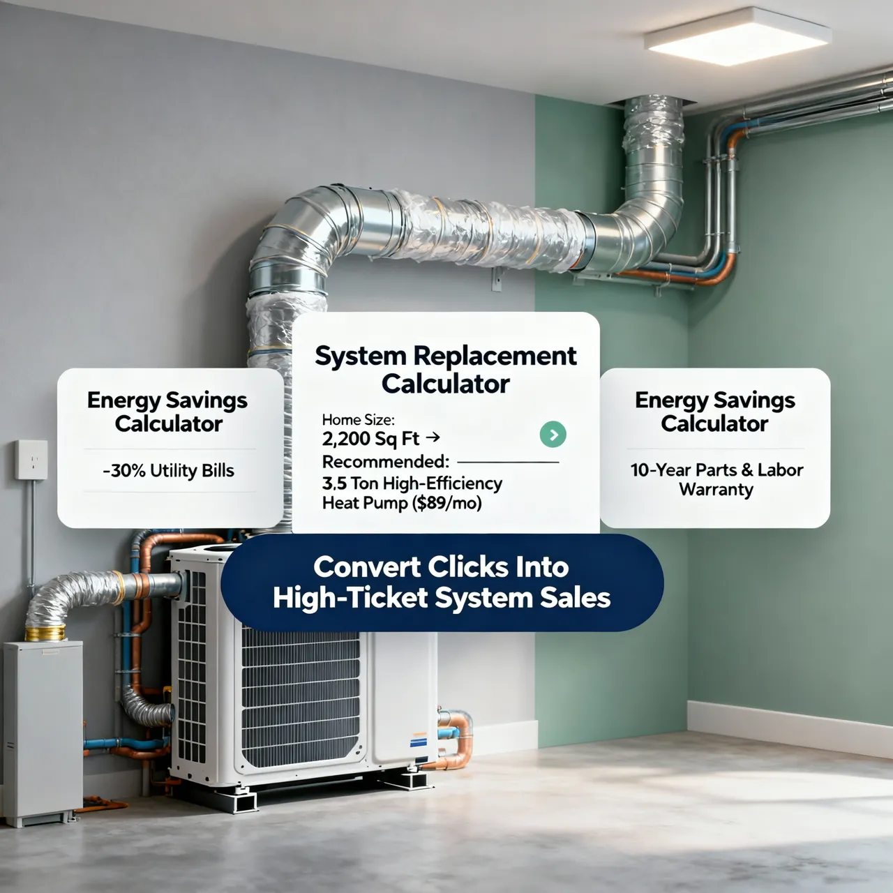 Heating and cooling website guiding visitors toward repair, tune-up, or system replacement actions