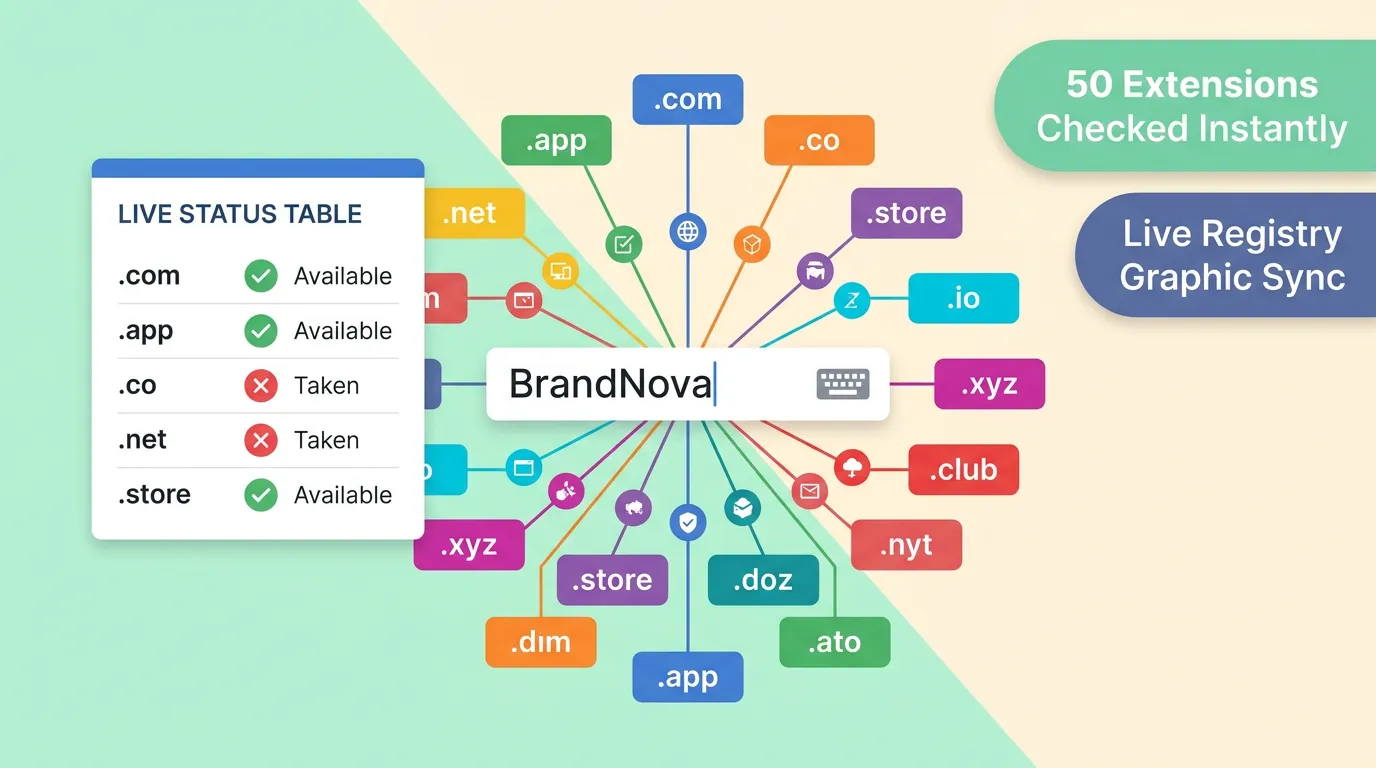 Radial diagram comparing modern top-level domain alternatives like .co, .ai, .io, and .store when .com is unavailable