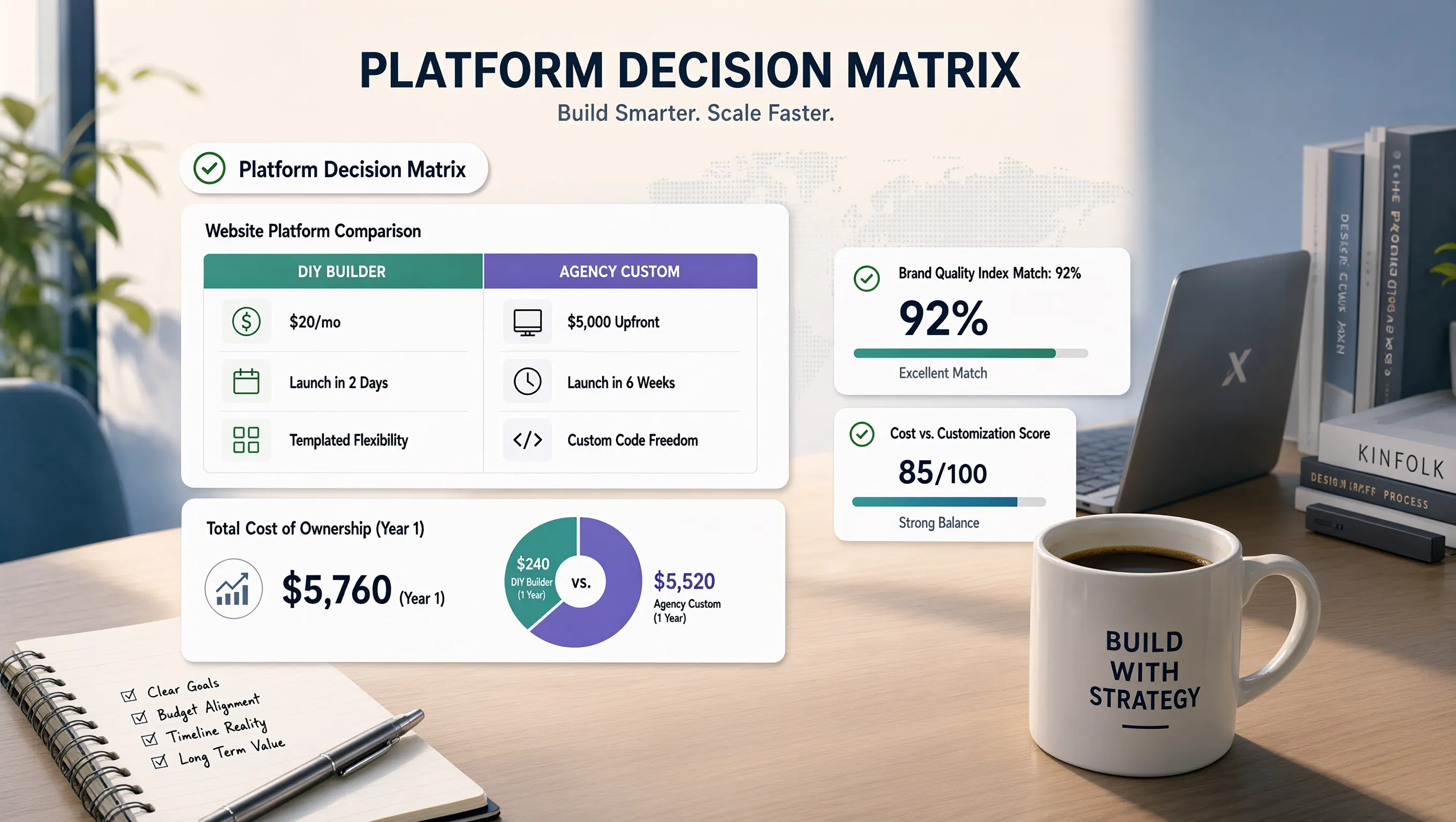 Decision framework identifying when AI builders excel versus when custom web design agencies are required