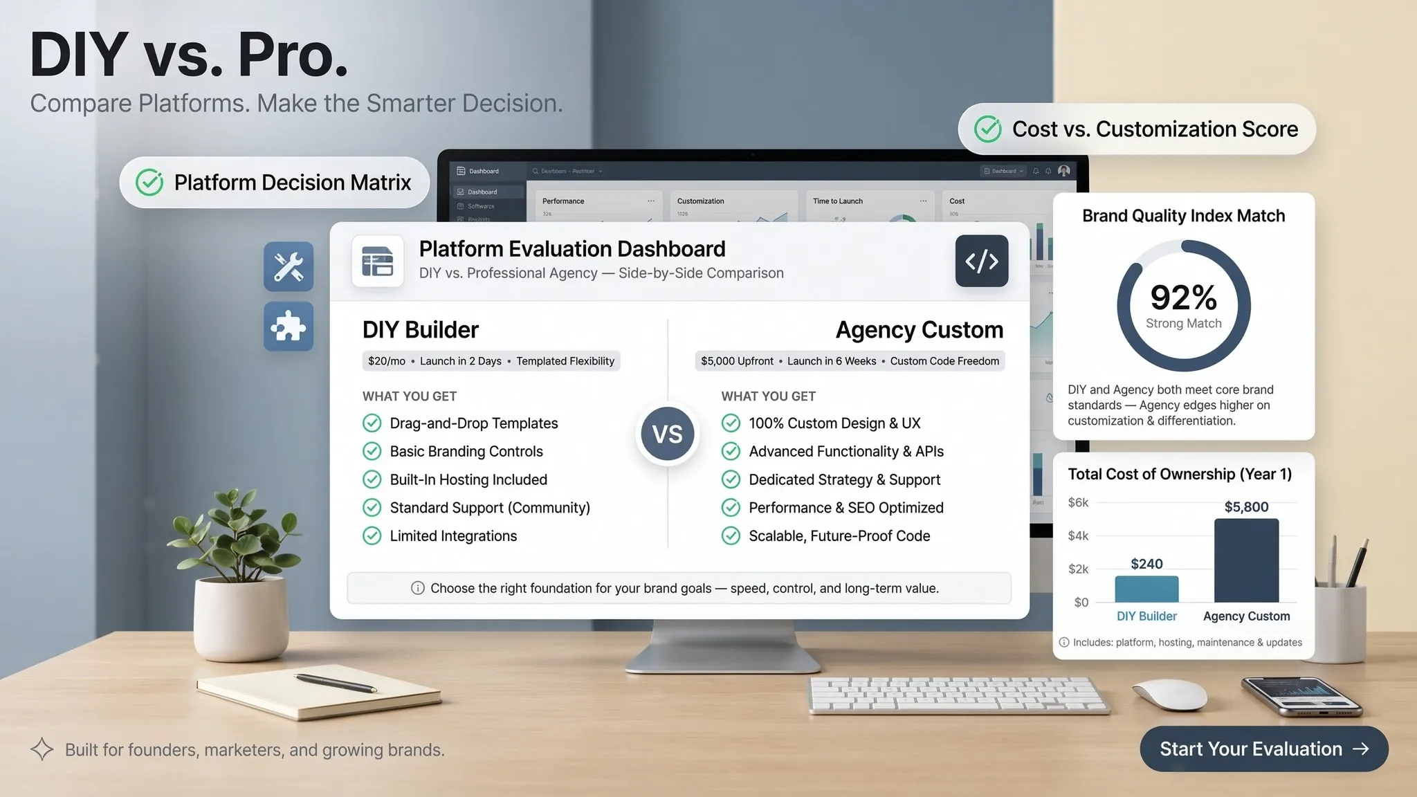 Platform evaluation dashboard comparing DIY website builders, professional designers, and AI platforms