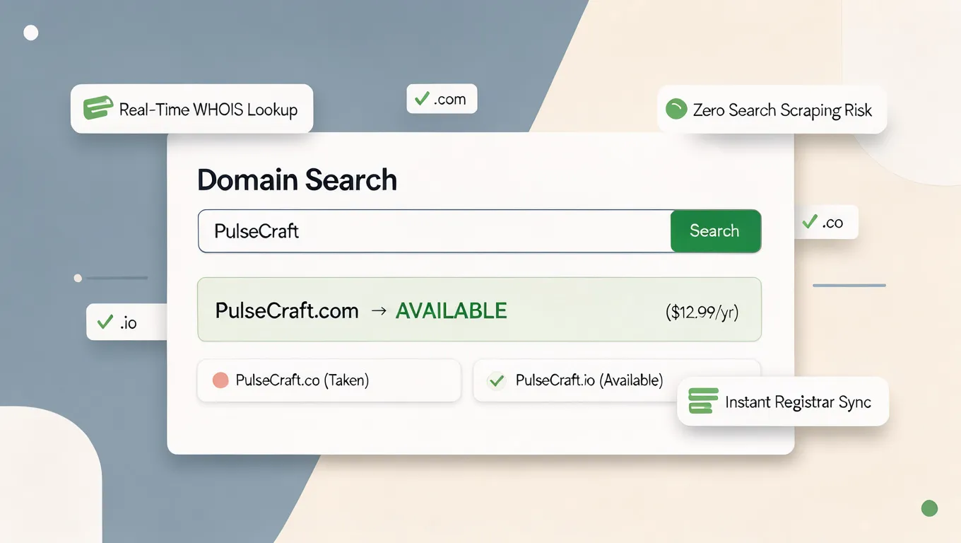 WHOIS lookup tool showing whether a taken domain is actively used by a business or parked by an inactive owner