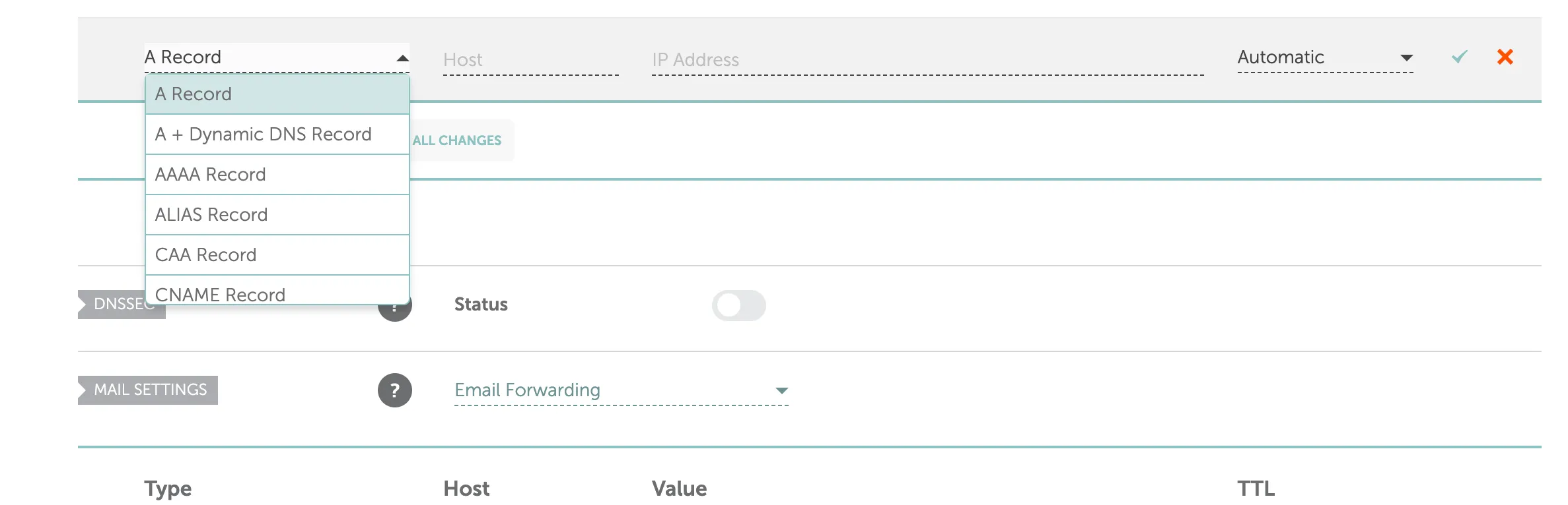 Standard DNS configuration table showing A Record and CNAME record settings for domain routing to a website builder