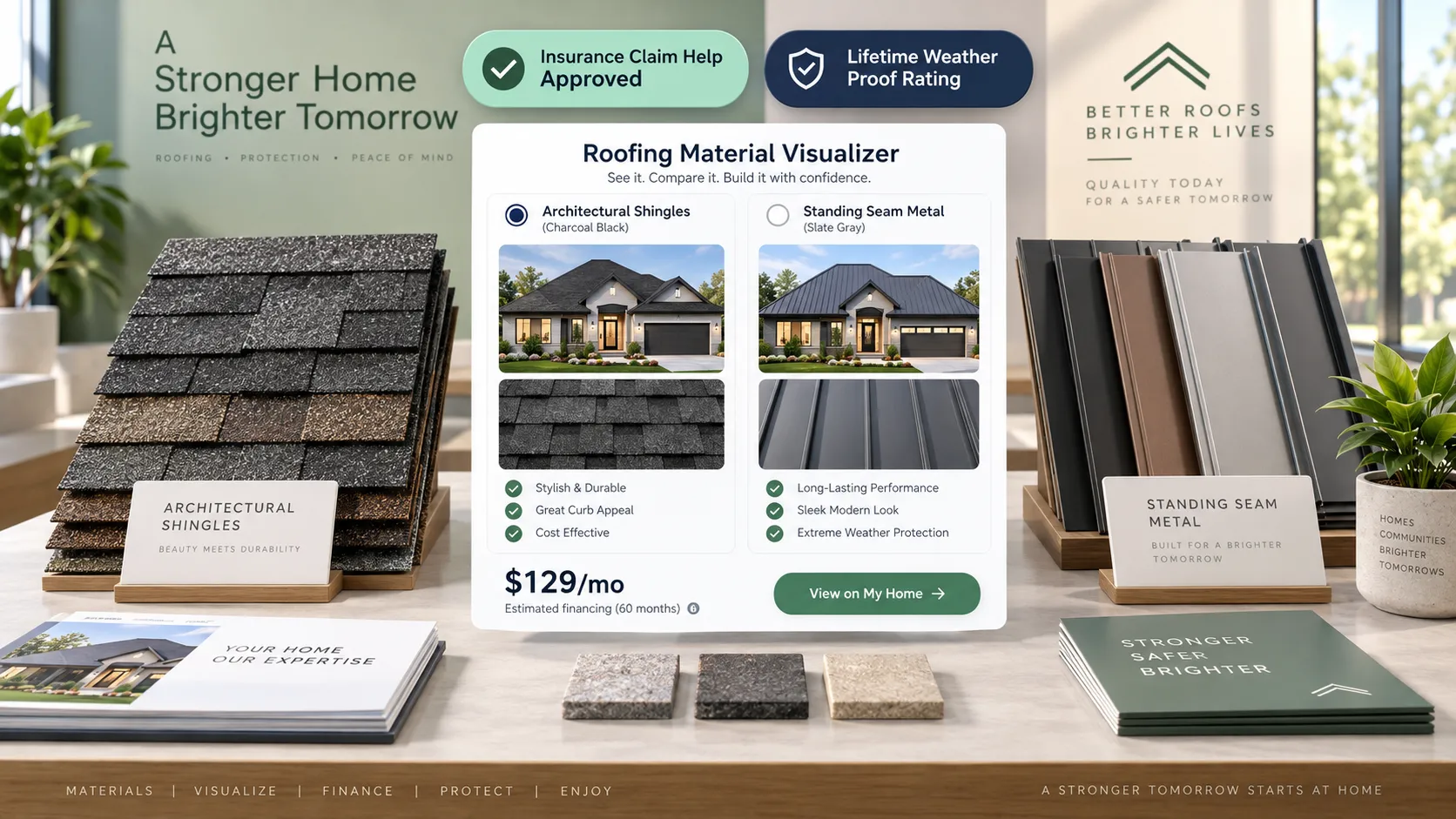 Roofing services website structured with clear pathways for repairs and full replacements