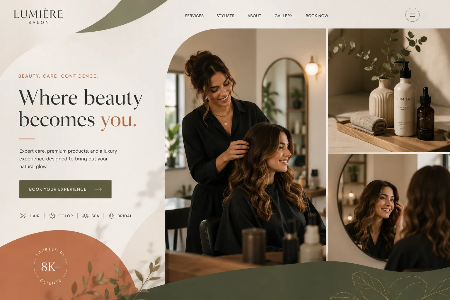 Salon services website organizing menu around personal outcomes and visual style tags