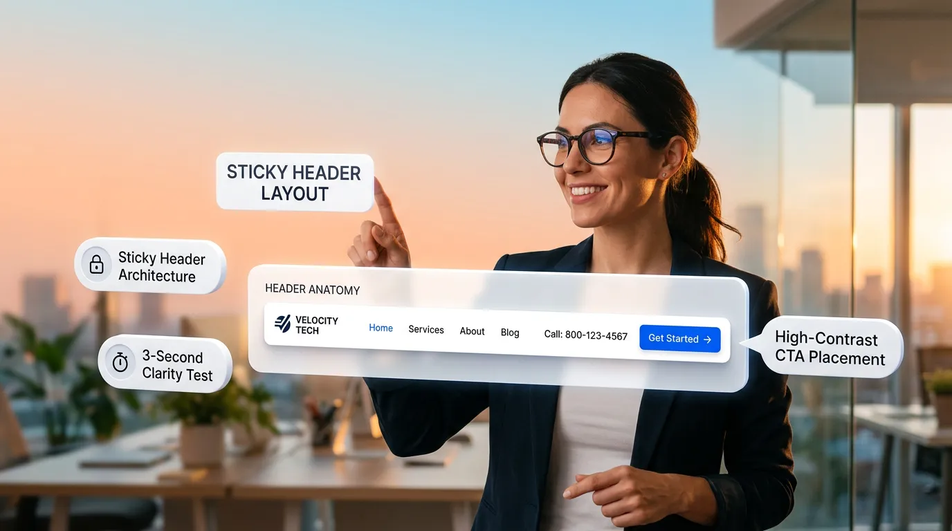 Compact sticky header layout maintaining visual hierarchy and optimal screen real estate while scrolling