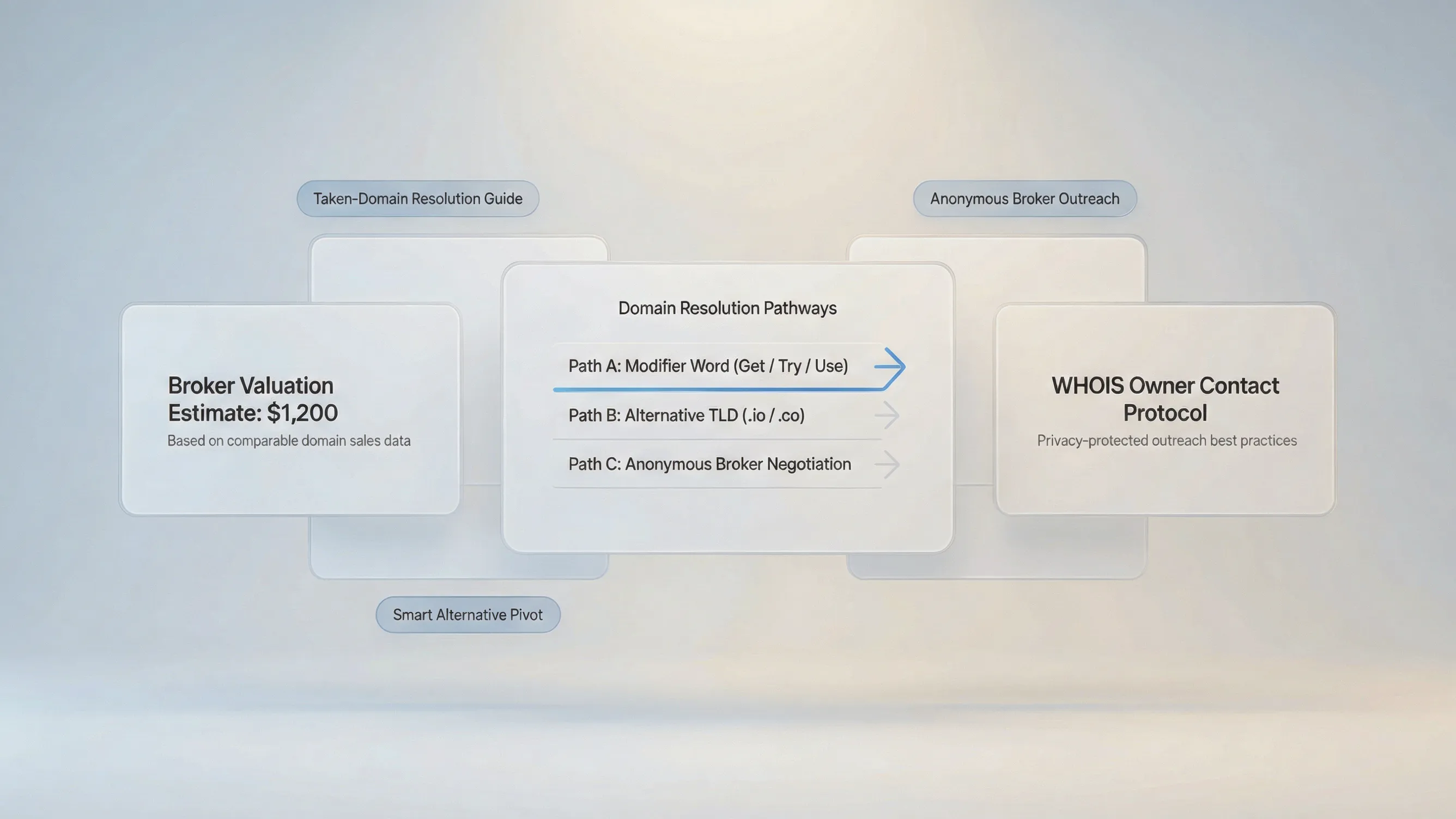 Decision framework showing when to keep an existing business name versus execute a full rebrand after a domain is taken