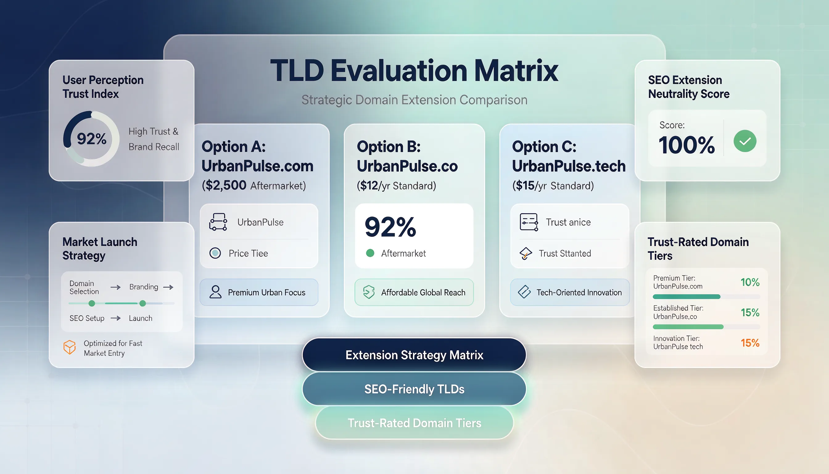Master domain extension decision matrix comparing .com, .co, ccTLD, and .org across audience, perception, and SEO behavior