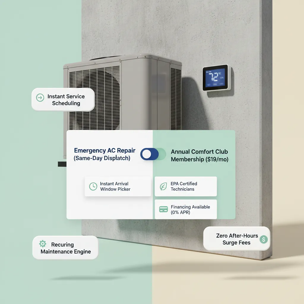HVAC services website organizing problem-focused categories for AC repairs and heating system care