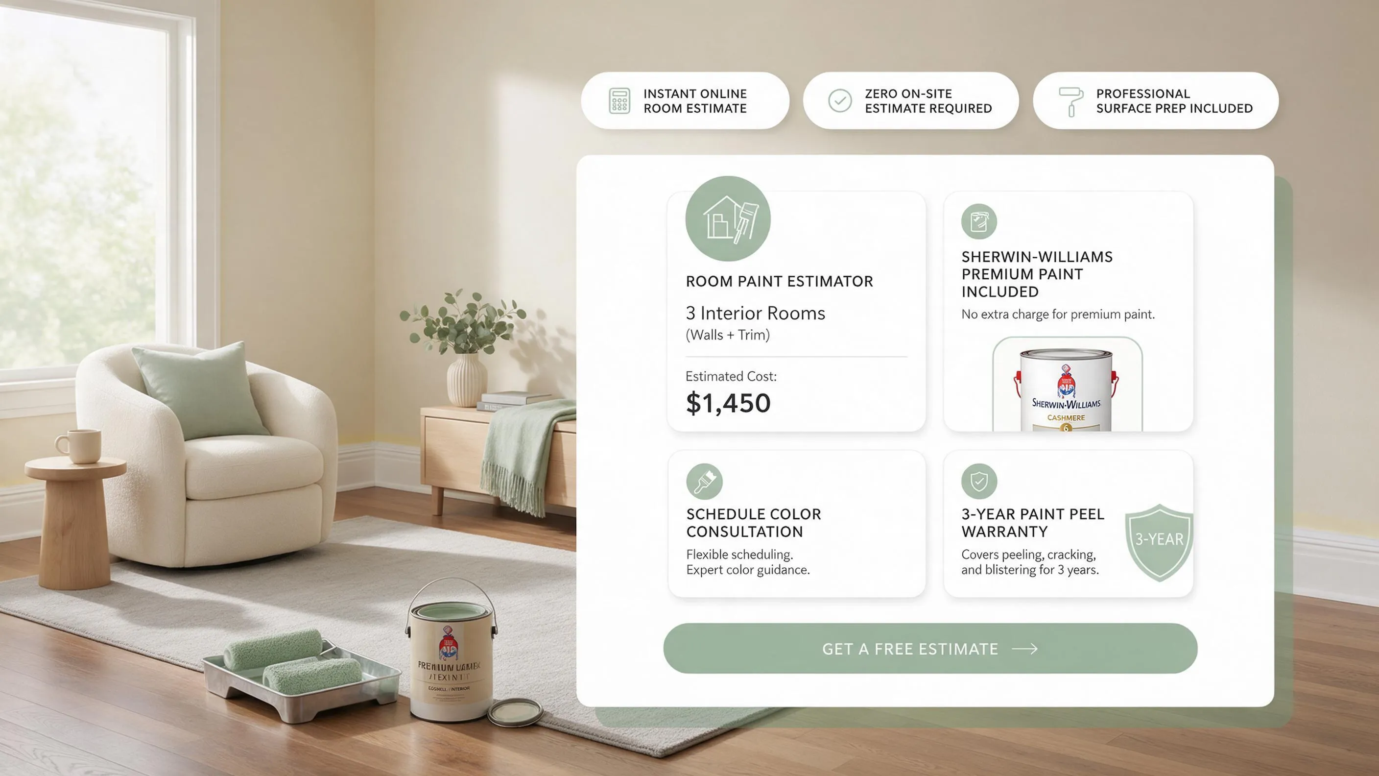 House painting services website outlining a step-by-step preparation and cleanup workflow