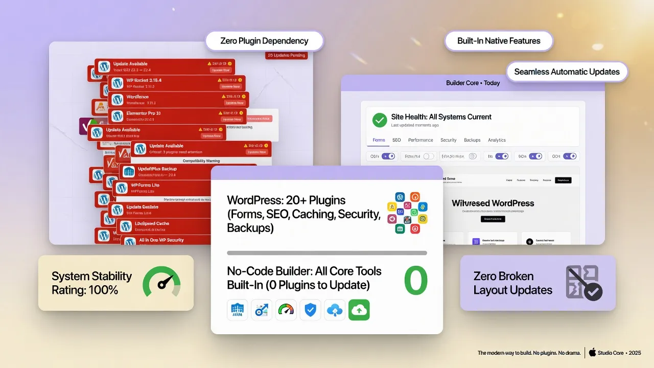Mosaic of third-party WordPress plugins versus built-in features of an all-in-one website builder